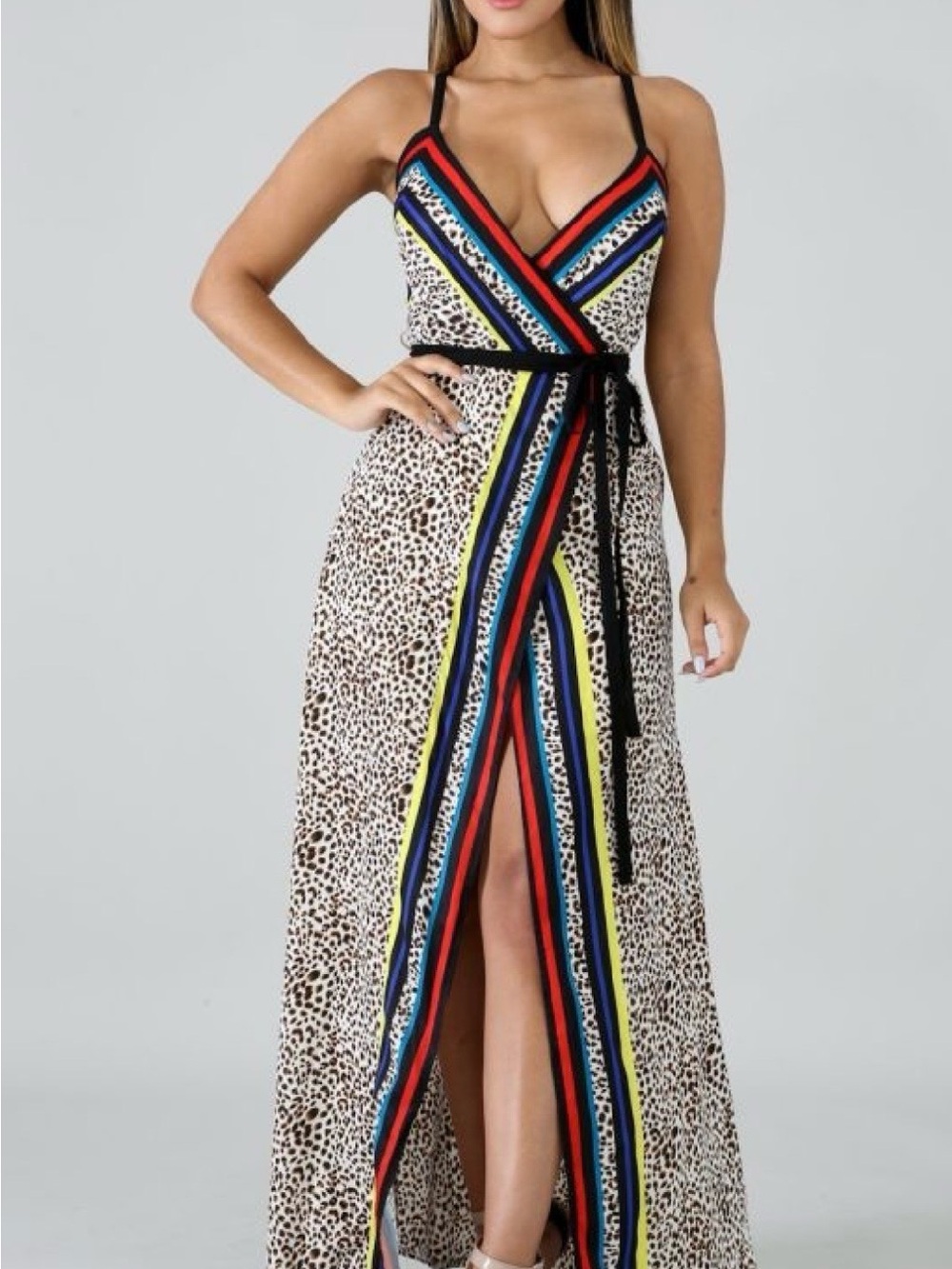 Fashion Nova Leopard Maxi Wrap Dress with Red, Blue & Yellow Trim - S